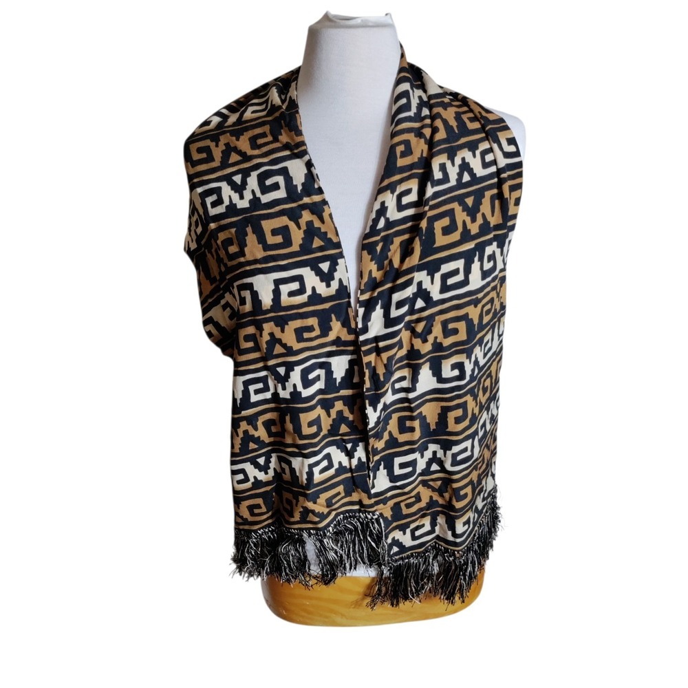 Vintage Casca Scarft 100% Silk  Rectangular Scaft Geometric Print Fringe